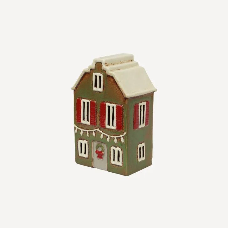 Alsace Tea Light - Green Christmas House With Shutters - The Flower Crate