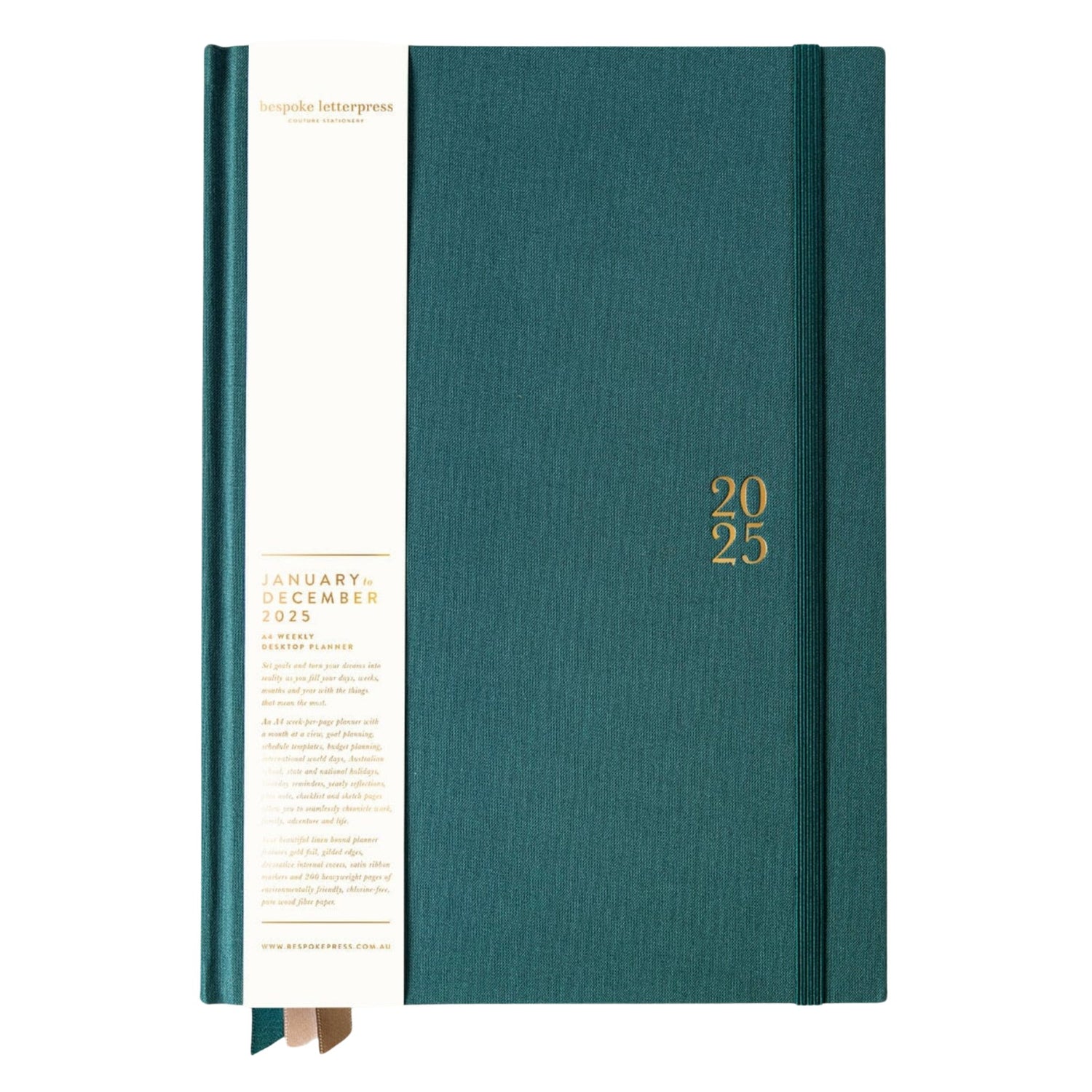 Bespoke Letterpress - 2025 A4 Linen Bound Planner, Teal - The Flower Crate