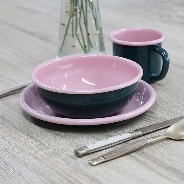 Dishy Enamelware Serving Plate - Dark Green &amp; Pink - The Flower Crate