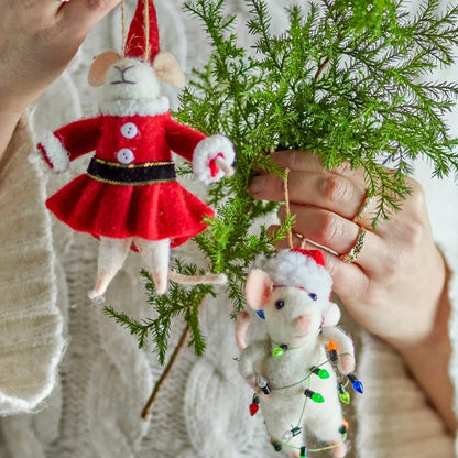 Felted Christmas Peo Ornament - Festive Mouse Pair - The Flower Crate