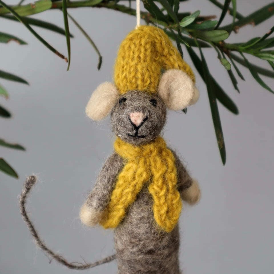 Gry &amp; Sif - Mouse with Yellow Hat &amp; Scarf Hanging Decoration - The Flower Crate