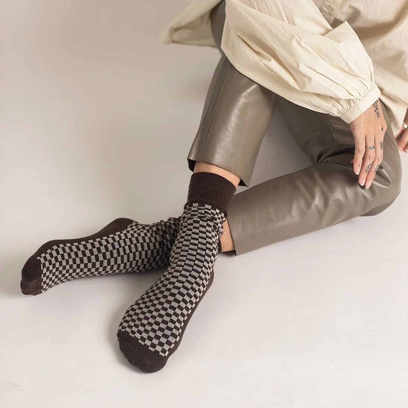 Nooan Socks - Dunedin Chess, Chicory Coffee + Ivory - The Flower Crate