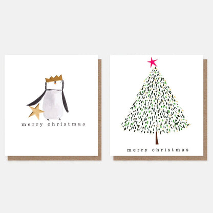 Penguin &amp; Tree Mixed Christmas Cards Pack of 8 - The Flower Crate